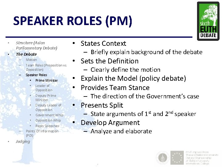 SPEAKER ROLES (PM) • • Structure (Asian Parliamentary Debate) The Debate – – •