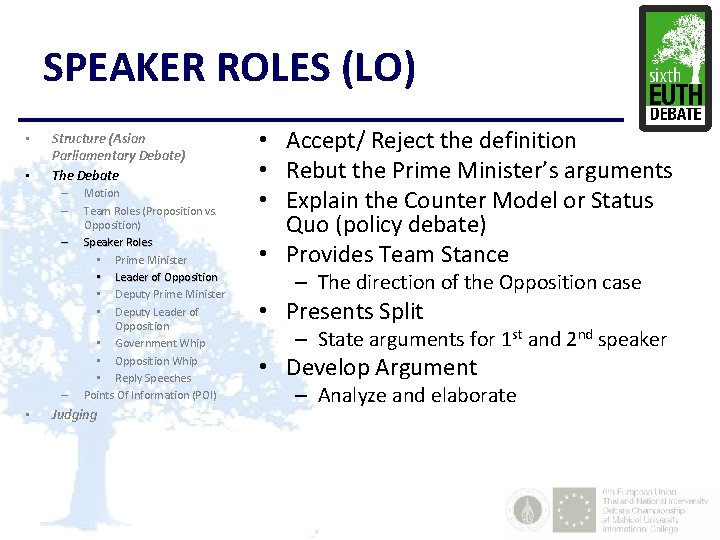 SPEAKER ROLES (LO) • • Structure (Asian Parliamentary Debate) The Debate – – •