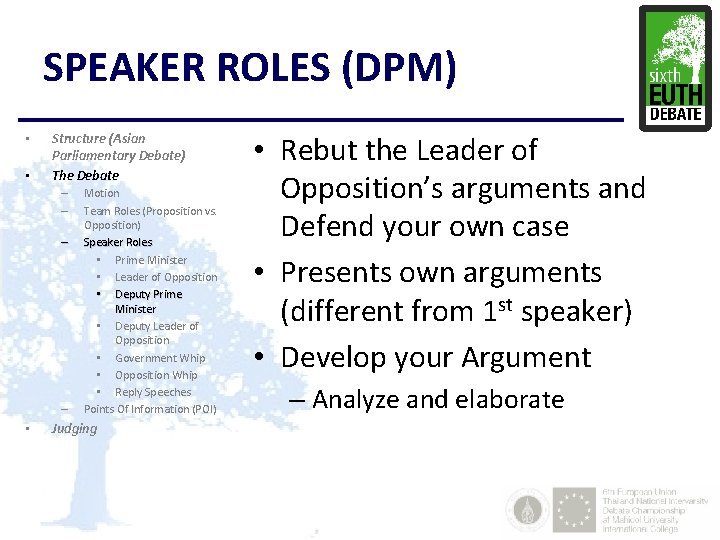 SPEAKER ROLES (DPM) • • Structure (Asian Parliamentary Debate) The Debate – – •
