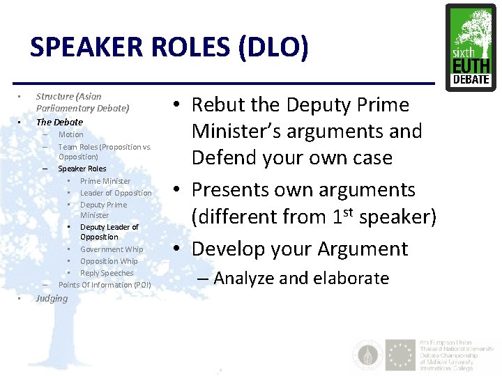 SPEAKER ROLES (DLO) • • Structure (Asian Parliamentary Debate) The Debate – – •