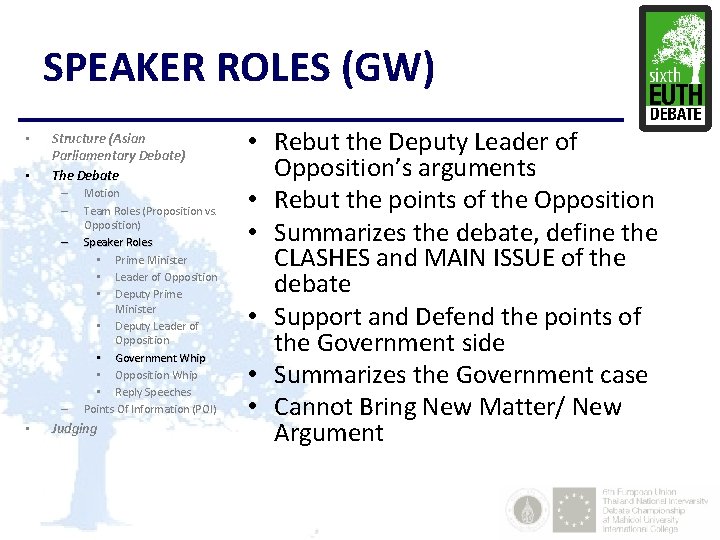 SPEAKER ROLES (GW) • • Structure (Asian Parliamentary Debate) The Debate – – •