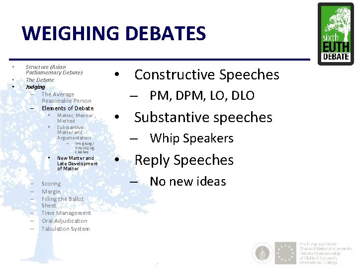 WEIGHING DEBATES • • • Structure (Asian Parliamentary Debate) The Debate Judging – –