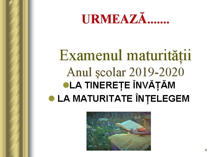 URMEAZĂ. . . . Examenul maturității Anul școlar 2019 -2020 l. LA TINEREȚE ÎNVĂȚĂM