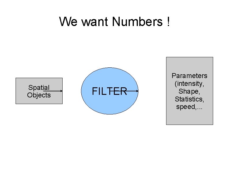 We want Numbers ! Spatial Objects FILTER Parameters (intensity, Shape, Statistics, speed, . .