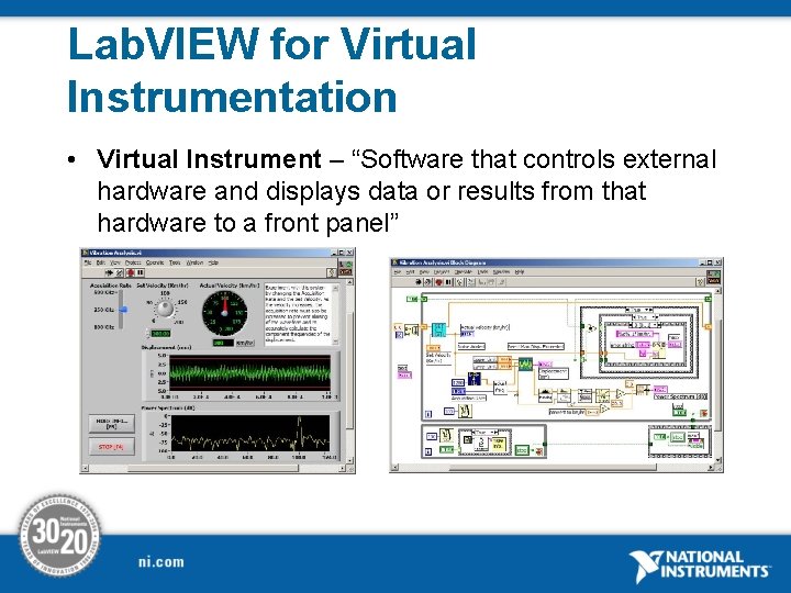 Lab. VIEW for Virtual Instrumentation • Virtual Instrument – “Software that controls external hardware