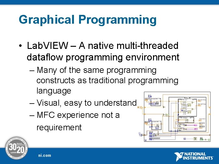 Graphical Programming • Lab. VIEW – A native multi-threaded dataflow programming environment – Many