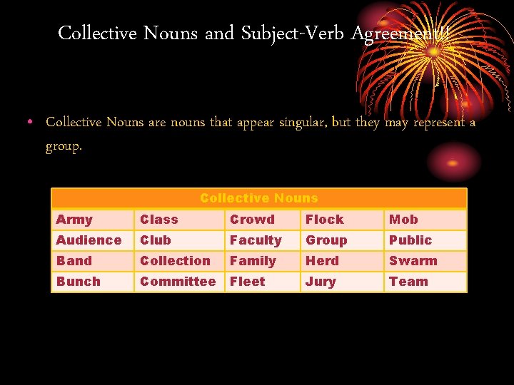 Collective Nouns and Subject-Verb Agreement!! • Collective Nouns are nouns that appear singular, but