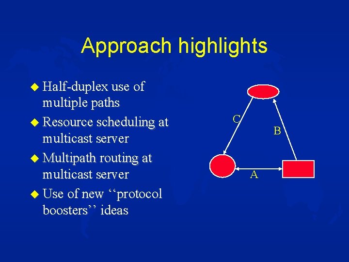 Approach highlights u Half-duplex use of multiple paths u Resource scheduling at multicast server