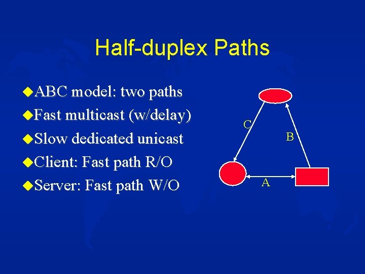 Half-duplex Paths u. ABC model: two paths u. Fast multicast (w/delay) u. Slow dedicated