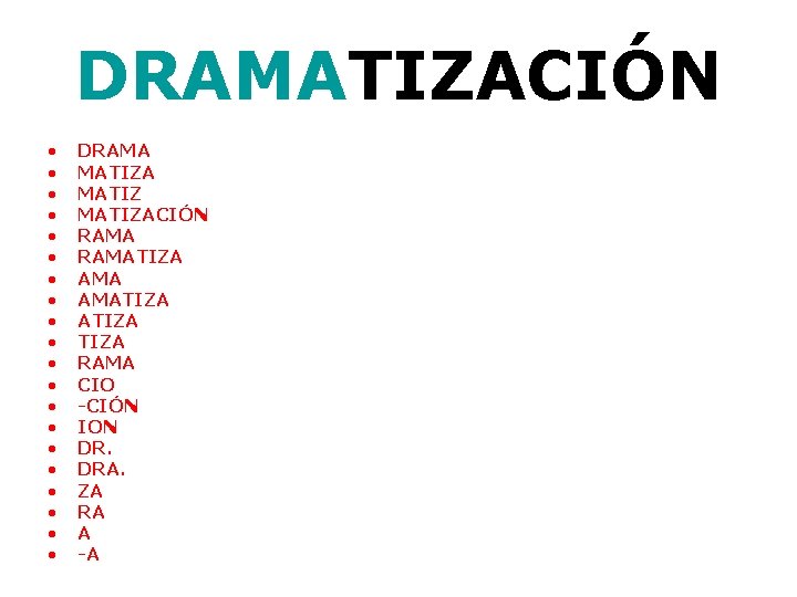 DRAMATIZACIÓN • • • • • DRAMA MATIZACIÓN RAMATIZA TIZA RAMA CIO -CIÓN ION