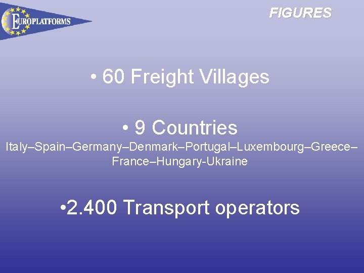 FIGURES • 60 Freight Villages • 9 Countries Italy–Spain–Germany–Denmark–Portugal–Luxembourg–Greece– France–Hungary-Ukraine • 2. 400 Transport