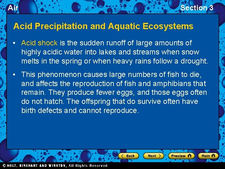 Air Section 3 Acid Precipitation and Aquatic Ecosystems • Acid shock is the sudden