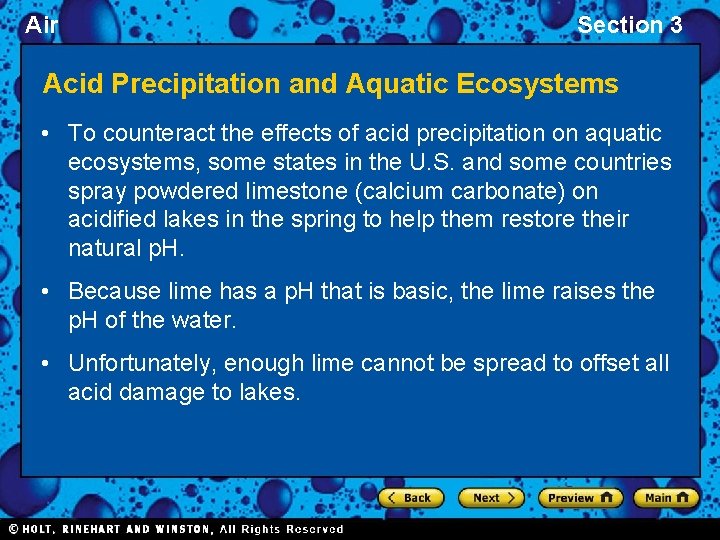 Air Section 3 Acid Precipitation and Aquatic Ecosystems • To counteract the effects of