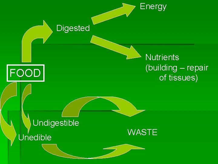 Energy Digested FOOD Undigestible Unedible Nutrients (building – repair of tissues) WASTE 