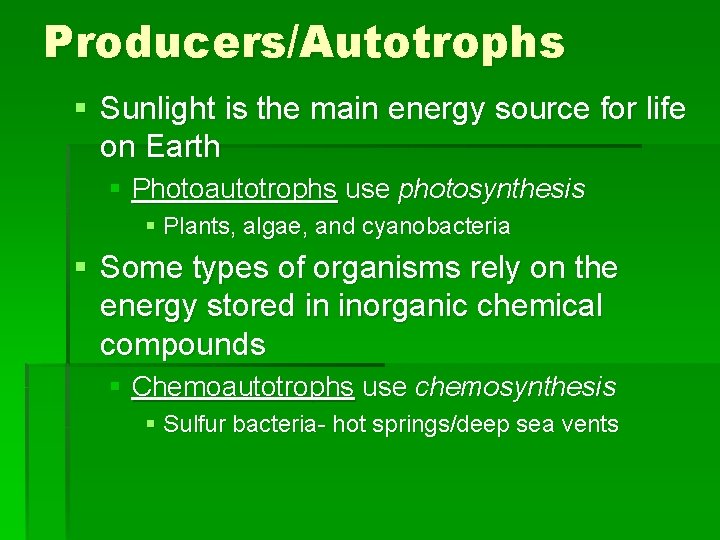 Producers/Autotrophs § Sunlight is the main energy source for life on Earth § Photoautotrophs
