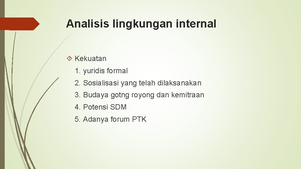 Analisis lingkungan internal Kekuatan 1. yuridis formal 2. Sosialisasi yang telah dilaksanakan 3. Budaya