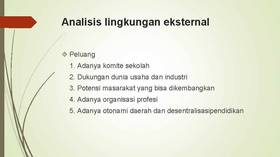 Analisis lingkungan eksternal Peluang 1. Adanya komite sekolah 2. Dukungan dunia usaha dan industri