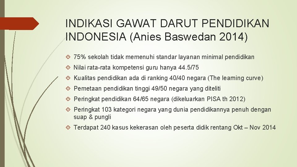 INDIKASI GAWAT DARUT PENDIDIKAN INDONESIA (Anies Baswedan 2014) 75% sekolah tidak memenuhi standar layanan