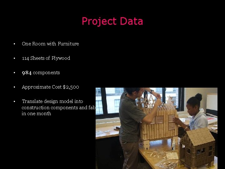 Project Data • One Room with Furniture • 114 Sheets of Plywood • 984