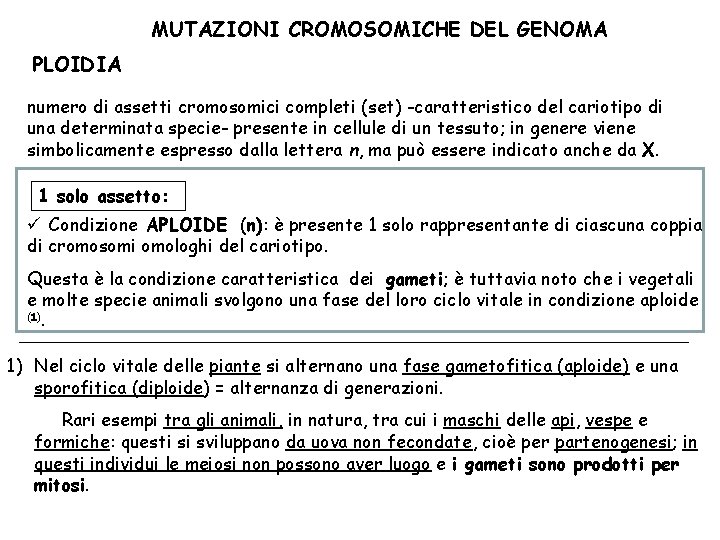 MUTAZIONI CROMOSOMICHE DEL GENOMA PLOIDIA numero di assetti cromosomici completi (set) -caratteristico del cariotipo