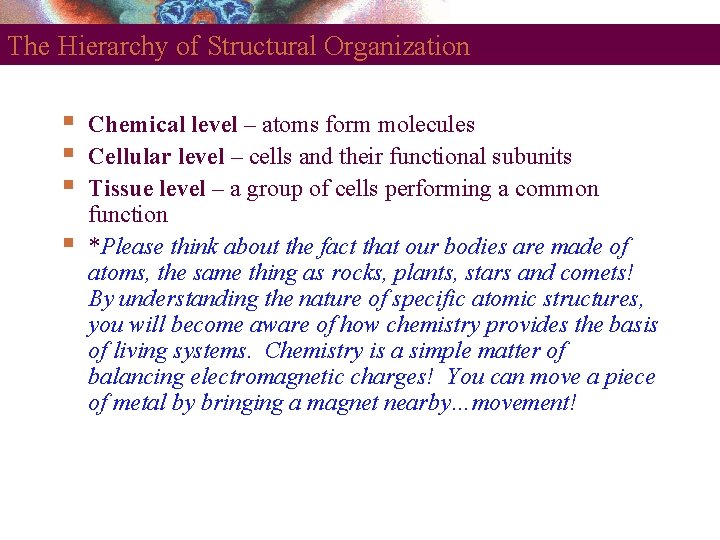 The Hierarchy of Structural Organization Chemical level – atoms form molecules Cellular level –