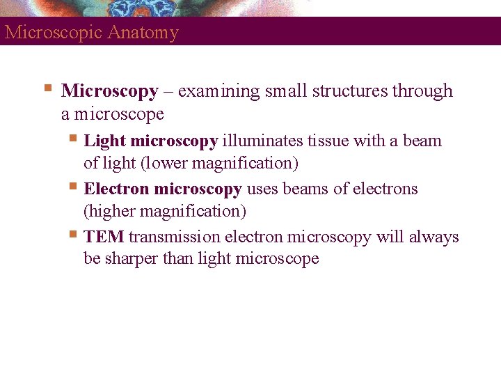 Microscopic Anatomy Microscopy – examining small structures through a microscope Light microscopy illuminates tissue