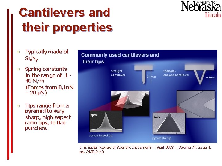 Cantilevers and their properties n Typically made of Six. Ny n Spring constants in