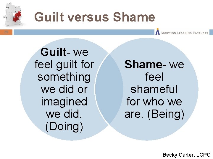 Guilt versus Shame 29 Guilt- we feel guilt for something we did or imagined