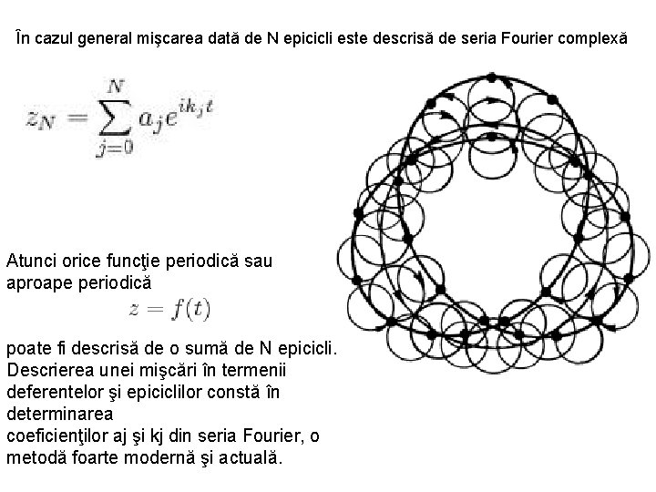 În cazul general mişcarea dată de N epicicli este descrisă de seria Fourier complexă