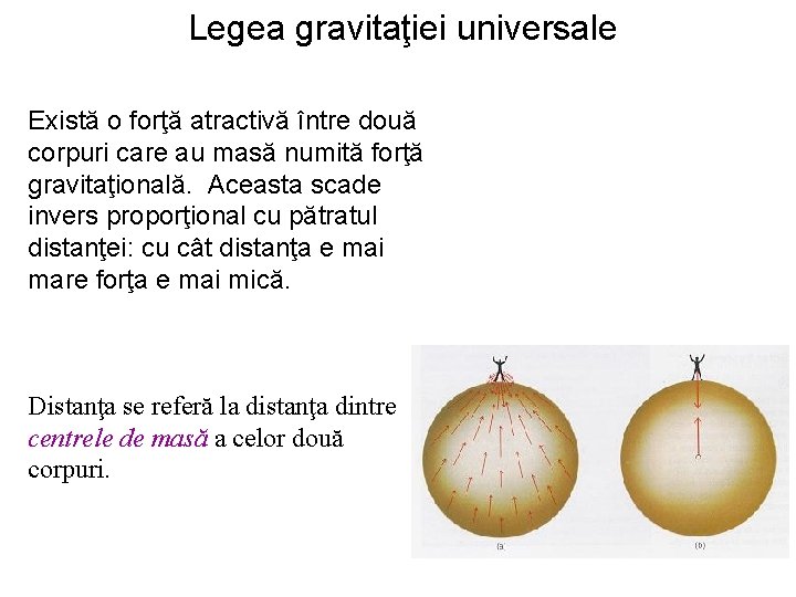 Legea gravitaţiei universale Există o forţă atractivă între două corpuri care au masă numită