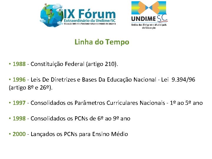 Linha do Tempo • 1988 - Constituição Federal (artigo 210). • 1996 - Leis