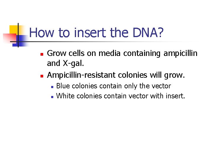 How to insert the DNA? n n Grow cells on media containing ampicillin and