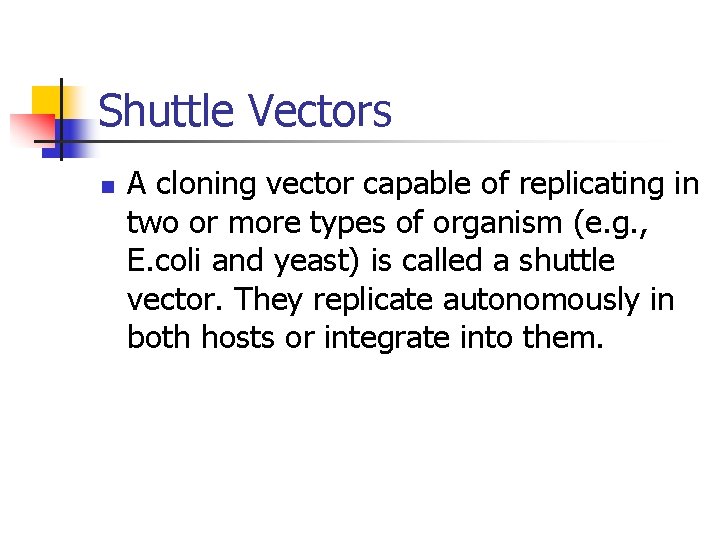 Shuttle Vectors n A cloning vector capable of replicating in two or more types