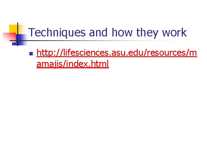 Techniques and how they work n http: //lifesciences. asu. edu/resources/m amajis/index. html 