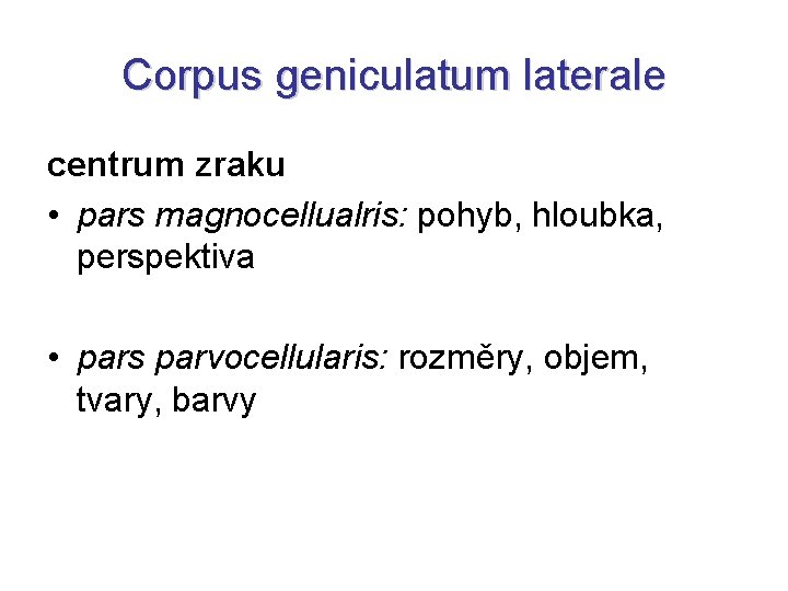 Corpus geniculatum laterale centrum zraku • pars magnocellualris: pohyb, hloubka, perspektiva • pars parvocellularis: