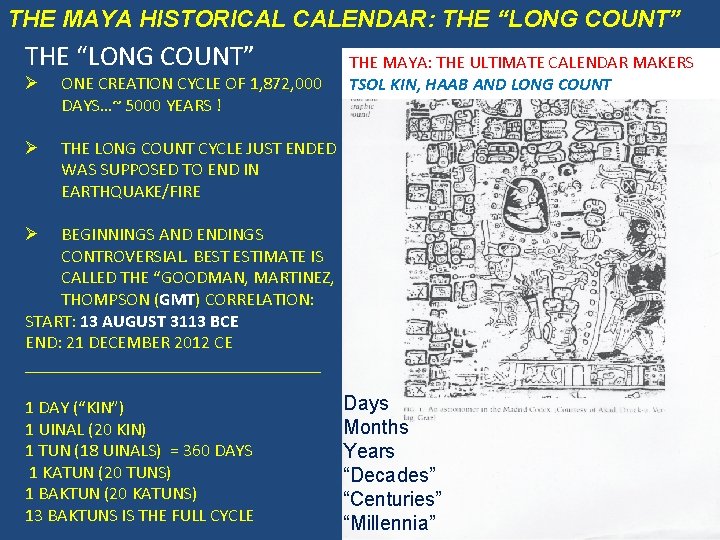 THE MAYA HISTORICAL CALENDAR: THE “LONG COUNT” Ø ONE CREATION CYCLE OF 1, 872,
