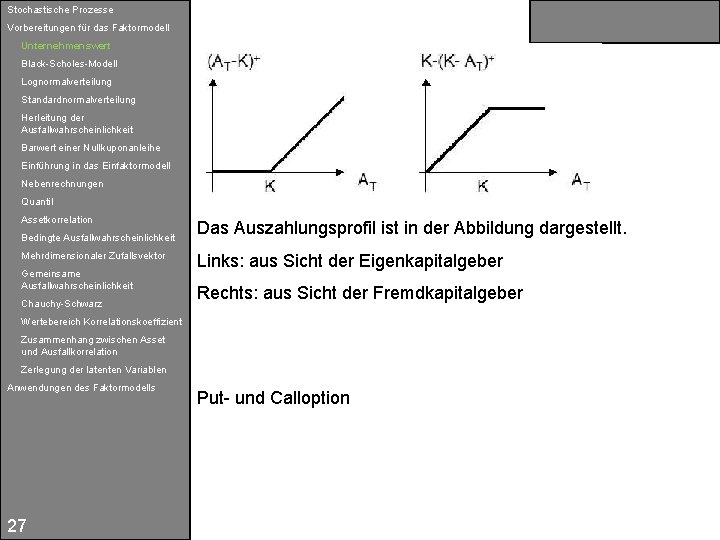 Stochastische Prozesse Vorbereitungen für das Faktormodell Unternehmenswert Black-Scholes-Modell Lognormalverteilung Standardnormalverteilung Herleitung der Ausfallwahrscheinlichkeit Barwert