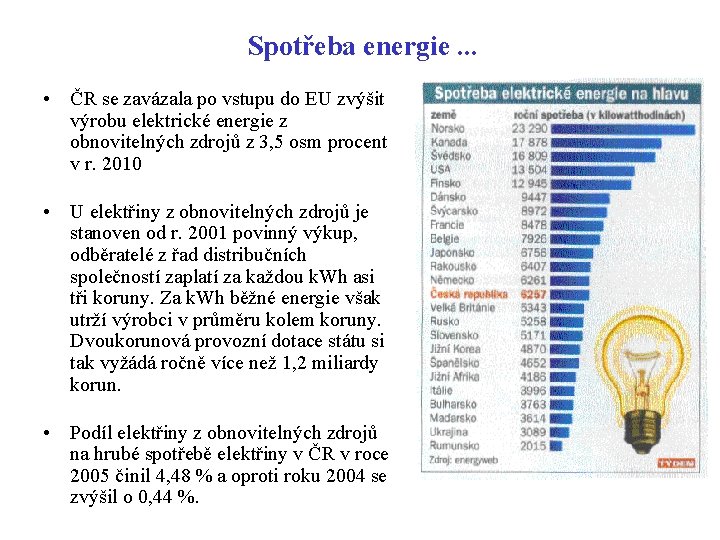 Spotřeba energie. . . • ČR se zavázala po vstupu do EU zvýšit výrobu