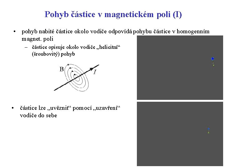 Pohyb částice v magnetickém poli (I) • pohyb nabité částice okolo vodiče odpovídá pohybu