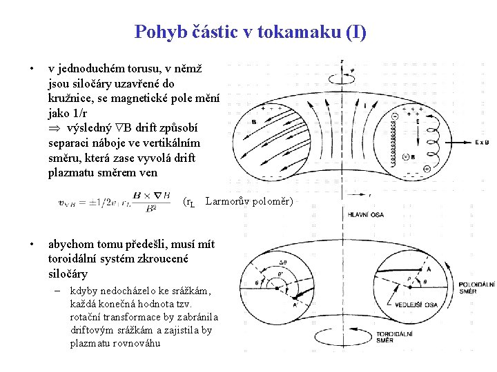 Pohyb částic v tokamaku (I) • v jednoduchém torusu, v němž jsou siločáry uzavřené