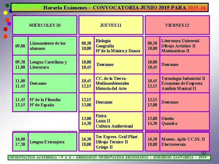 Horario Exámenes – CONVOCATORIA JUNIO 2015 PARA 2015 -16 MIÉRCOLES 10 JUEVES 11 VIERNES