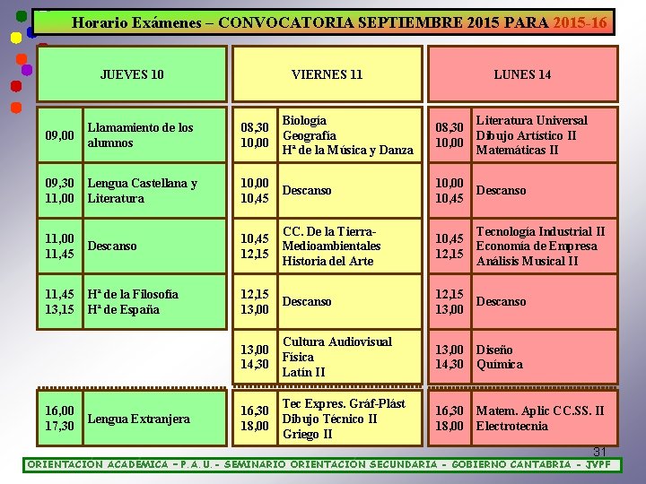 Horario Exámenes – CONVOCATORIA SEPTIEMBRE 2015 PARA 2015 -16 JUEVES 10 VIERNES 11 LUNES