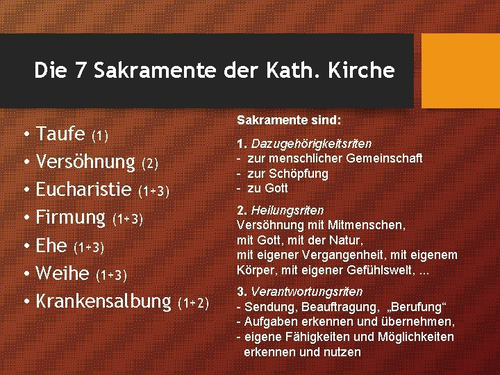 Die 7 Sakramente der Kath. Kirche • Taufe (1) • Versöhnung (2) • Eucharistie