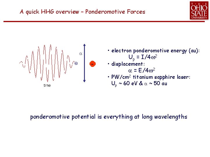 A quick HHG overview – Ponderomotive Forces • electron ponderomotive energy (au): Up =