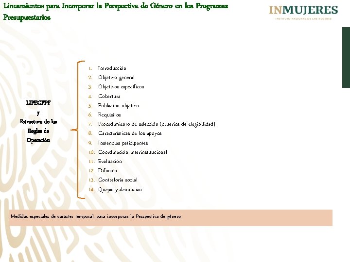 Lineamientos para Incorporar la Perspectiva de Género en los Programas Presupuestarios LIPEGPPF y Estructura