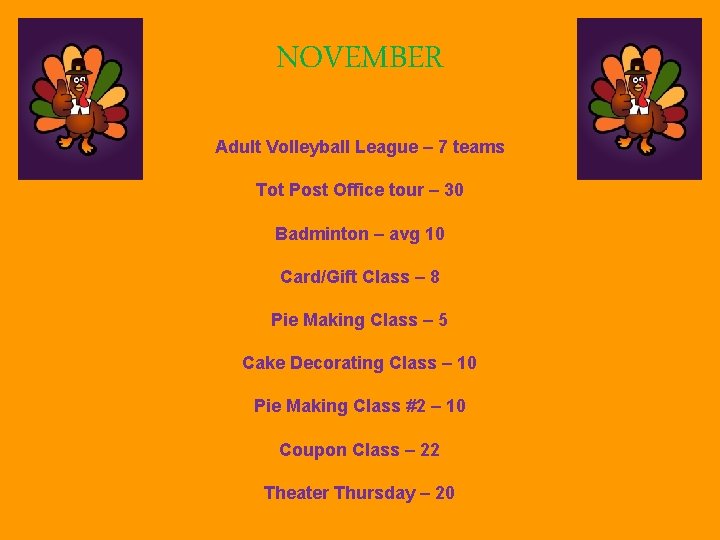 NOVEMBER Adult Volleyball League – 7 teams Tot Post Office tour – 30 Badminton