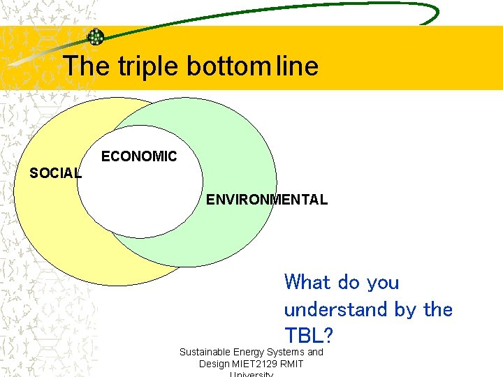 The triple bottom line ECONOMIC SOCIAL ENVIRONMENTAL What do you understand by the TBL?