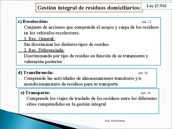 Gestión integral de residuos domiciliarios: Ley 25. 916 c) Recolección: Art. 13 Conjunto de