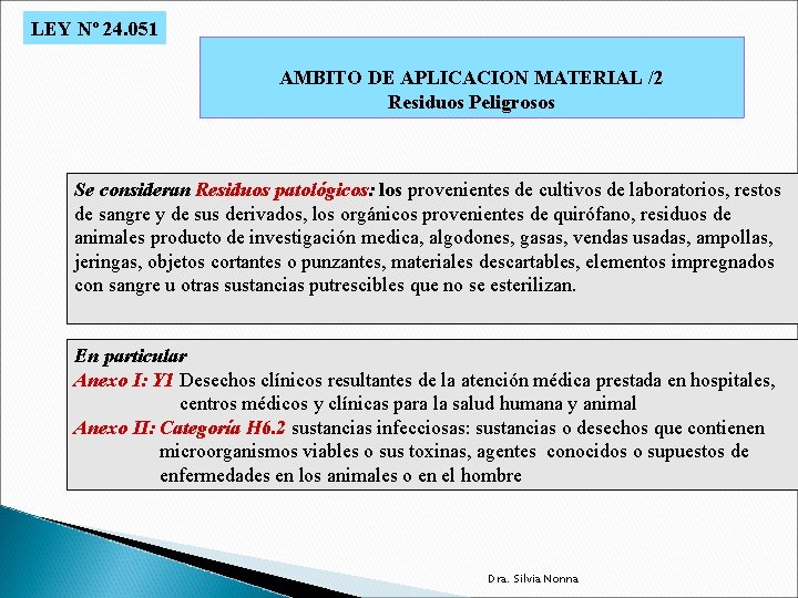 LEY Nº 24. 051 AMBITO DE APLICACION MATERIAL /2 Residuos Peligrosos Se consideran Residuos