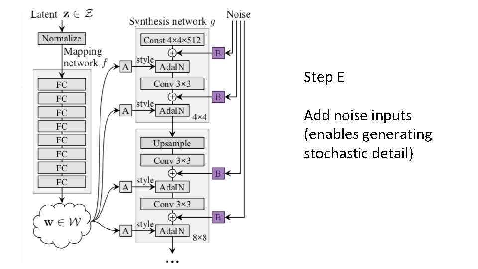 Step E Add noise inputs (enables generating stochastic detail) 